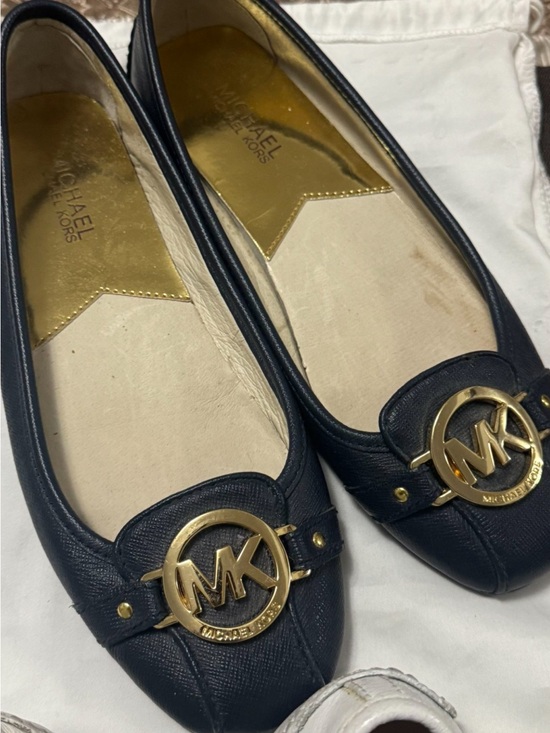 Michael Kors Shoes - Michael Kors Navy Leather Ballet Flats with Gold MK Logo